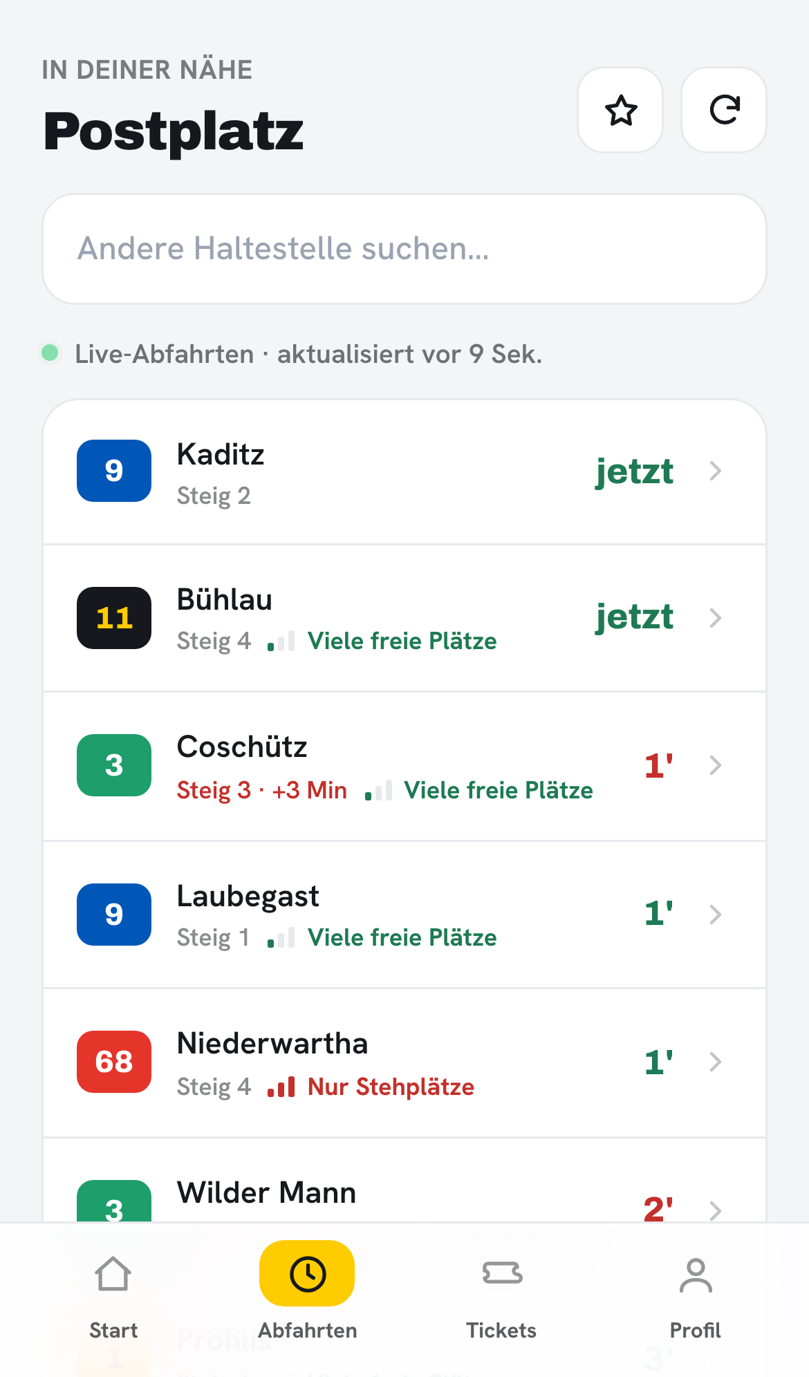 Abfahrtsmonitor mit Verspätung, Steig und Auslastung