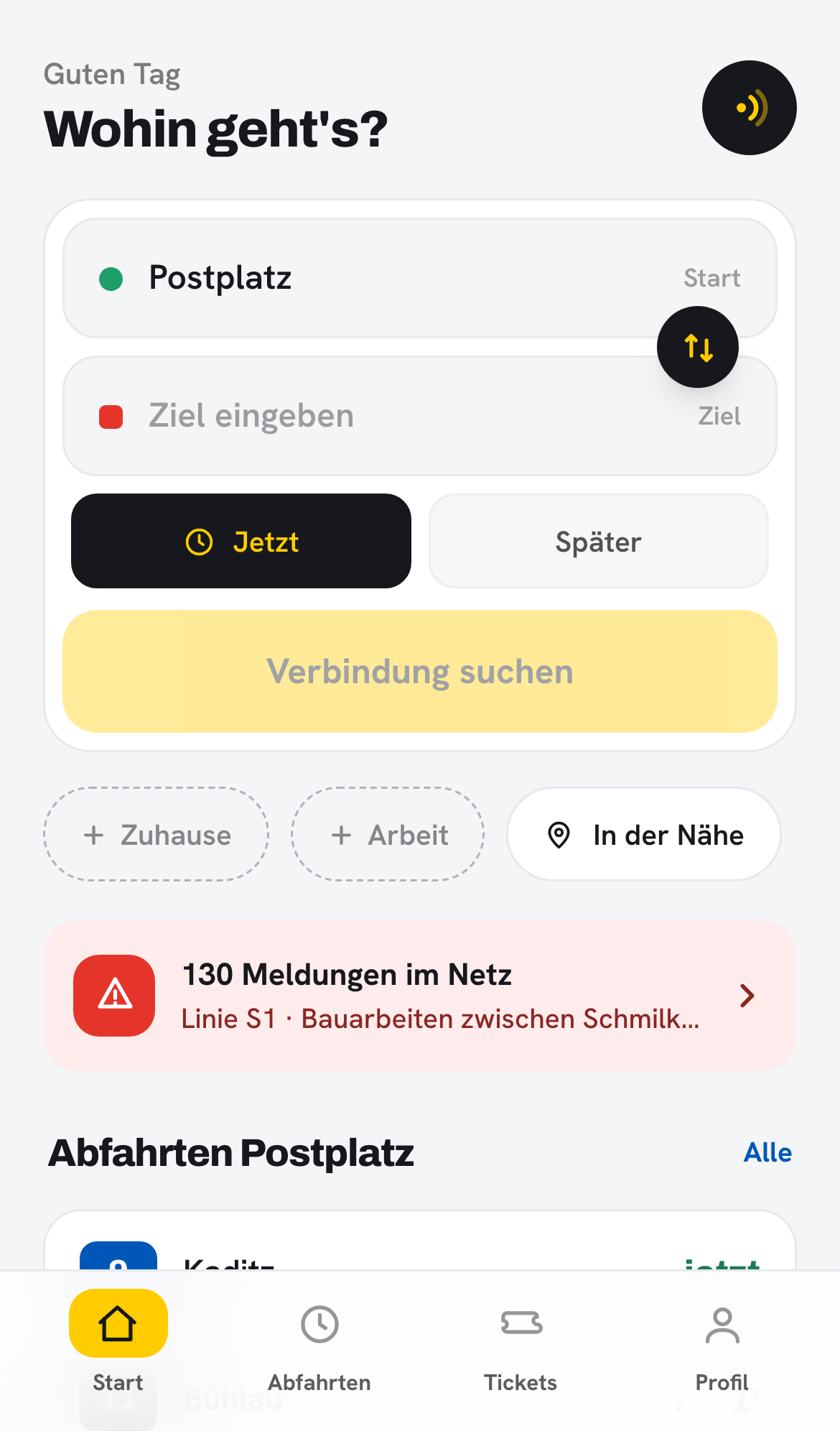 Startseite: Verbindung suchen + Abfahrten in der Nähe